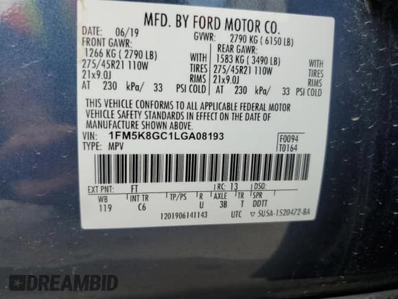 ✅ 2020 Ford Explorer ST • VIN: 1FM5K8GC1LGA08193 • Lot: 71417535. Wystawiony na Copart z przebiegiem 119 307 mil. Bezpłatny archiwum sprzedaży aukcyjnych z USA i szczegółowy raport historii pojazdu na DreamBid. Zdjęcie 14.
