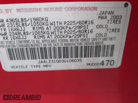 ✅ 2003 Mitsubishi Outlander LS • VIN: JA4LZ31G03U106035 • Lot: 41489695. Listed on IAAI with 159,150 mi. Free auction sales archive from the USA and detailed vehicle history report at DreamBid. Image 9.