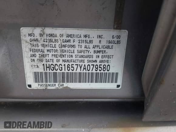 2000 Honda Accord EX с VIN 1HGCG1657YA079580, выставлен на аукционе IAAI как лот 42614740 с пробегом 211 481 миль миль и . История ставок и продаж доступна на DreamBid. Изображение 9.