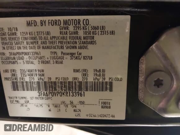 ✅ 2019 Ford Fusion Sport • VIN: 3FA6P0VP0KR133961 • Лот: 43332950. Опубликован ранее на IAAI с пробегом 93 041 миль. Бесплатный доступ к архиву аукционных продаж из США и подробный отчёт об истории автомобиля на DreamBid. Изображение 9.