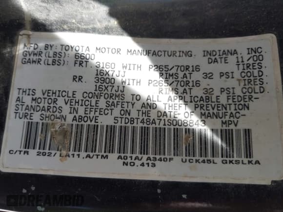 ✅ 2001 Toyota Sequoia Limited • VIN: 5TDBT48A71S008843 • Lot: 42261475. Listed on IAAI with 273,397 mi. Free auction sales archive from the USA and detailed vehicle history report at DreamBid. Image 9.
