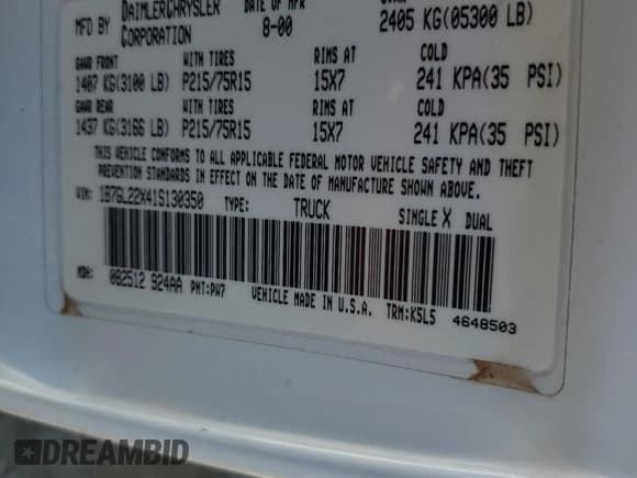 ✅ 2001 Dodge Dakota • VIN: 1B7GL22X41S130350 • Lot: 85788344. Wystawiony na Copart z przebiegiem 235 825 mil. Bezpłatny archiwum sprzedaży aukcyjnych z USA i szczegółowy raport historii pojazdu na DreamBid. Zdjęcie 12.