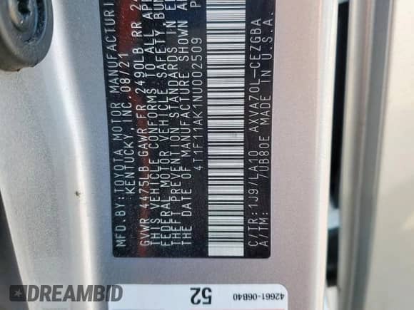 2022 Toyota Camry XLE z VIN 4T1F11AK1NU002509, wystawiony jako Copart lot #81162115 z przebiegiem 87 762 mil mil oraz Szkoda całkowita • Salvage title. Historia ofert i sprzedaży dostępna na DreamBid. Obrazek 12.