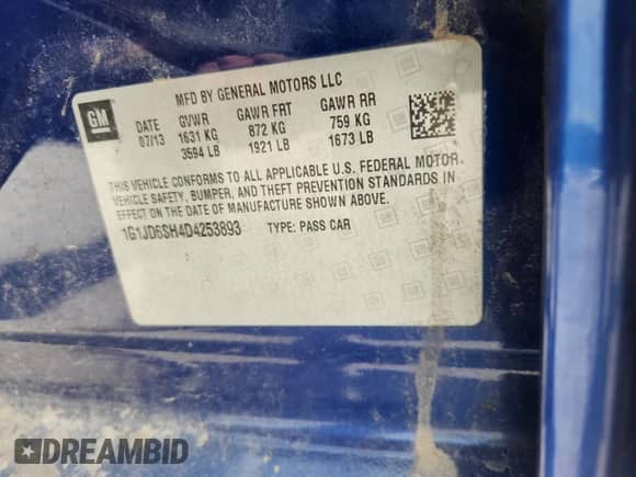 2013 Chevrolet Sonic LT with VIN 1G1JD6SH4D4253893, listed as a Copart auction lot 63216955 with 181,913 mi miles and Clean title. Bid and sale history available at DreamBid. Image 12.