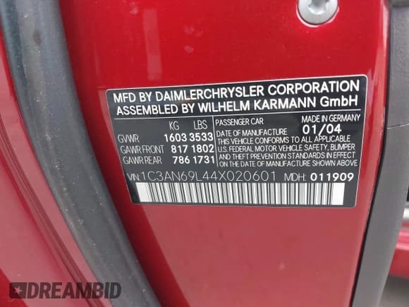 ✅ 2004 Chrysler Crossfire • VIN: 1C3AN69L44X020601 • Lot: 43276032. Listed on IAAI with 117,093 mi. Free auction sales archive from the USA and detailed vehicle history report at DreamBid. Image 9.