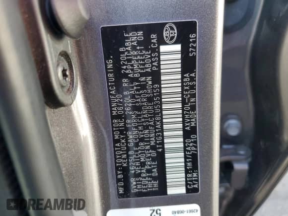 2020 Toyota Camry Hybrid SE с VIN 4T1G31AK8LU535159, выставлен на аукционе Copart как лот 85563505 с пробегом 90 438 миль миль и Списание • Salvage title. История ставок и продаж доступна на DreamBid. Изображение 12.