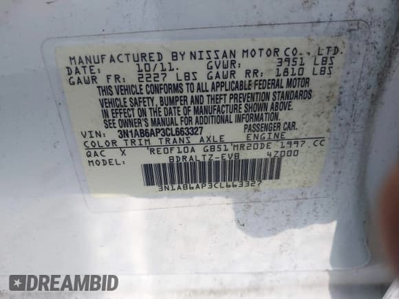 ✅ 2012 Nissan Sentra S • VIN: 3N1AB6AP3CL663327 • Lot: 42541388. Wystawiony na IAAI z przebiegiem 131 662 mil. Bezpłatny archiwum sprzedaży aukcyjnych z USA i szczegółowy raport historii pojazdu na DreamBid. Zdjęcie 9.