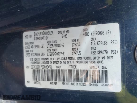 ✅ 2003 Dodge 2500 ST • VIN: 3D7KU28C73G803451 • Лот: 43162248. Опубликован ранее на IAAI с пробегом 201 667 миль. Бесплатный доступ к архиву аукционных продаж из США и подробный отчёт об истории автомобиля на DreamBid. Изображение 9.