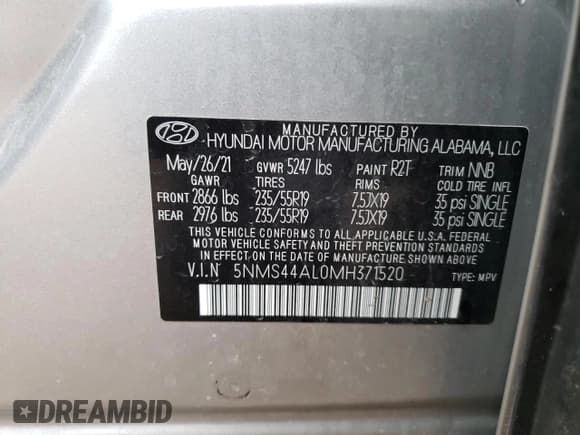 ✅ 2021 Hyundai Santa Fe Limited • VIN: 5NMS44AL0MH371520 • Lot: 79284843. Wystawiony na Copart z przebiegiem 45 654 mil. Bezpłatny archiwum sprzedaży aukcyjnych z USA i szczegółowy raport historii pojazdu na DreamBid. Zdjęcie 12.