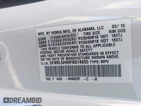 ✅ 2015 Honda Odyssey Touring Elite • VIN: 5FNRL5H99FB074655 • Lot: 43803030. Listed on IAAI with 153,633 mi. Free auction sales archive from the USA and detailed vehicle history report at DreamBid. Image 9.