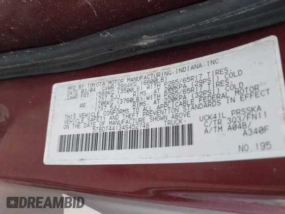 ✅ 2004 Toyota Tundra SR5 • VIN: 5TBDT44134S452748 • Лот: 42892759. Опубликован ранее на IAAI с пробегом 262 500 миль. Бесплатный доступ к архиву аукционных продаж из США и подробный отчёт об истории автомобиля на DreamBid. Изображение 9.