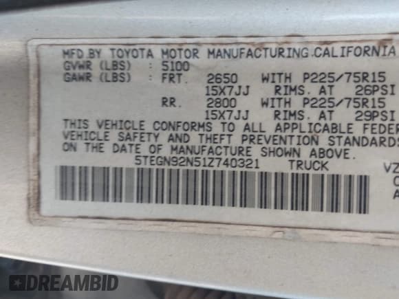 ✅ 2001 Toyota Tacoma PreRunner • VIN: 5TEGN92N51Z740321 • Lot: 43596015. Listed on IAAI with 376,102 mi. Free auction sales archive from the USA and detailed vehicle history report at DreamBid. Image 9.