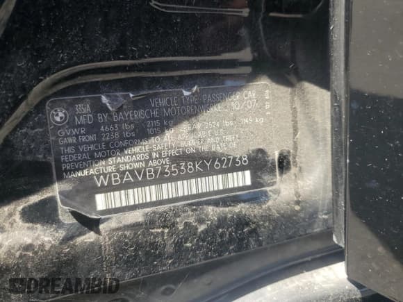 ✅ 2008 BMW 3 Series 335i • VIN: WBAVB73538KY62738 • Лот: 55322545. Опубликован ранее на Copart с пробегом 117 086 миль. Бесплатный доступ к архиву аукционных продаж из США и подробный отчёт об истории автомобиля на DreamBid. Изображение 12.