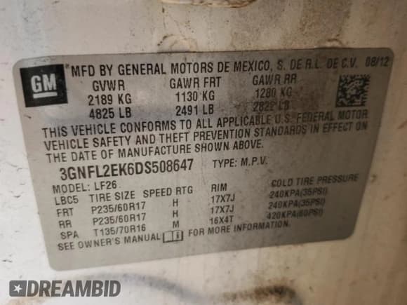 ✅ 2013 Chevrolet Captiva Sport LS • VIN: 3GNFL2EK6DS508647 • Lot: 47106975. Wystawiony na Copart z przebiegiem 155 251 mil. Bezpłatny archiwum sprzedaży aukcyjnych z USA i szczegółowy raport historii pojazdu na DreamBid. Zdjęcie 12.