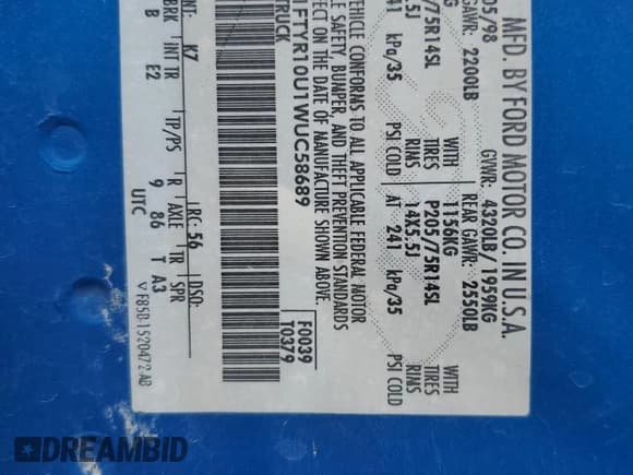 ✅ 1998 Ford Ranger XL • VIN: 1FTYR10U1WUC58689 • Лот: 69057365. Опубликован ранее на Copart с пробегом 102 966 миль. Бесплатный доступ к архиву аукционных продаж из США и подробный отчёт об истории автомобиля на DreamBid. Изображение 12.