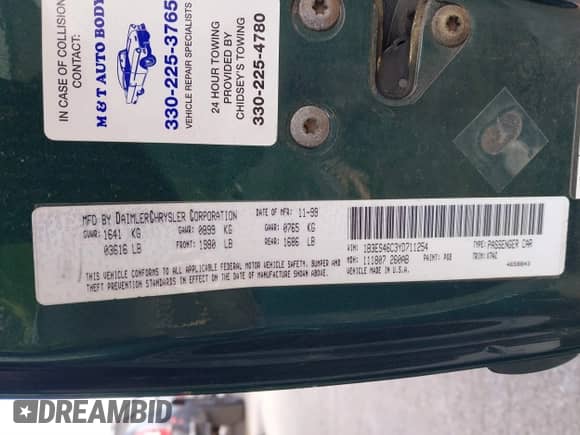 2000 Dodge Neon Highline with VIN 1B3ES46C3YD711254, listed as a IAAI auction lot 41823240 with 44,729 mi miles and . Bid and sale history available at DreamBid. Image 9.