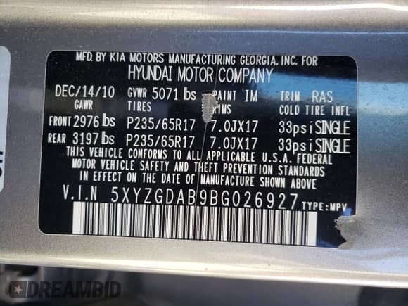 ✅ 2011 Hyundai Santa Fe GLS • VIN: 5XYZGDAB9BG026927 • Lot: 82321375. Listed on Copart with 219,074 mi. Free auction sales archive from the USA and detailed vehicle history report at DreamBid. Image 13.