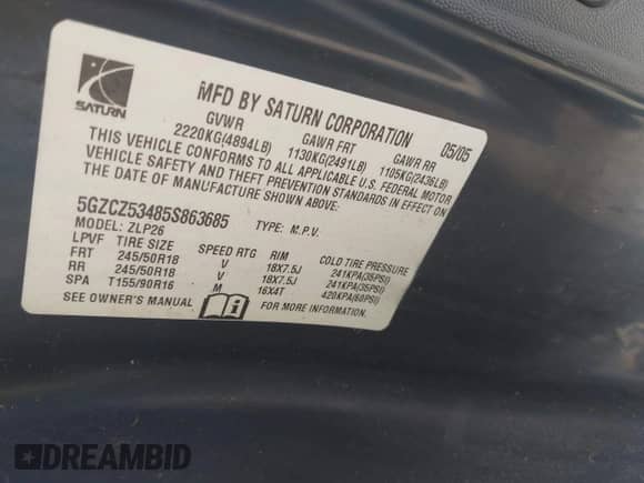 ✅ 2005 Saturn VUE • VIN: 5GZCZ53485S863685 • Lot: 43287181. Listed on IAAI with 99,759 mi. Free auction sales archive from the USA and detailed vehicle history report at DreamBid. Image 9.