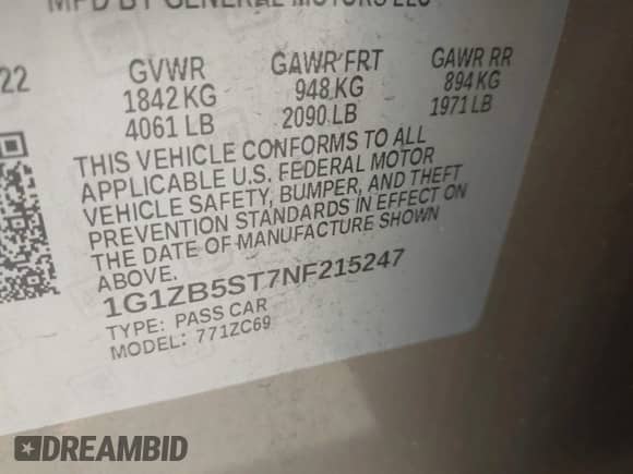 2022 Chevrolet Malibu LS с VIN 1G1ZB5ST7NF215247, выставлен на аукционе IAAI как лот 43224426 с пробегом 108 486 миль миль и . История ставок и продаж доступна на DreamBid. Изображение 9.