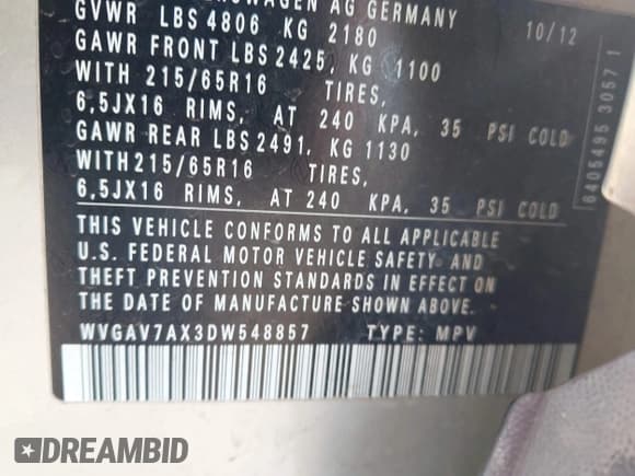 ✅ 2013 Volkswagen Tiguan S • VIN: WVGAV7AX3DW548857 • Lot: 43898093. Listed on IAAI with 122,204 mi. Free auction sales archive from the USA and detailed vehicle history report at DreamBid. Image 9.