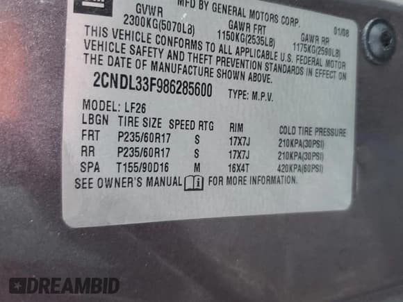 ✅ 2008 Chevrolet Equinox LT • VIN: 2CNDL33F986285600 • Лот: 87447884. Опубликован ранее на Copart с пробегом 246 655 миль. Бесплатный доступ к архиву аукционных продаж из США и подробный отчёт об истории автомобиля на DreamBid. Изображение 13.