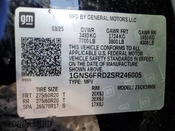 2025 Chevrolet Suburban Premier with VIN 1GNS6FRD2SR246005, listed as a Copart auction lot 86817715 with 13,239 mi miles and Clean title. Bid and sale history available at DreamBid. Image 14.