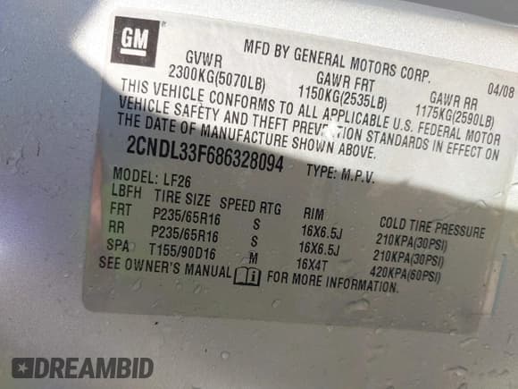 ✅ 2008 Chevrolet Equinox LT • VIN: 2CNDL33F686328094 • Лот: 41477957. Опубликован ранее на IAAI с пробегом 146 423 миль. Бесплатный доступ к архиву аукционных продаж из США и подробный отчёт об истории автомобиля на DreamBid. Изображение 9.