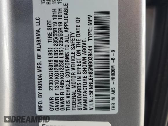 ✅ 2021 Honda Odyssey Touring • VIN: 5FNRL6H85MB039444 • Lot: 57142205. Listed on Copart with 74,228 mi. Free auction sales archive from the USA and detailed vehicle history report at DreamBid. Image 13.