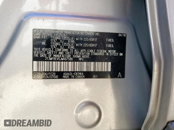 ✅ 2018 Toyota RAV4 XLE • VIN: 2T3WFREV5JW467588 • Lot: 86330945. Listed on Copart with 103,506 mi. Free auction sales archive from the USA and detailed vehicle history report at DreamBid. Image 13.