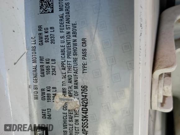 ✅ 2013 Buick Verano Group • VIN: 1G4PS5SK4D4204766 • Lot: 69125655. Listed on Copart with 127,507 mi. Free auction sales archive from the USA and detailed vehicle history report at DreamBid. Image 12.