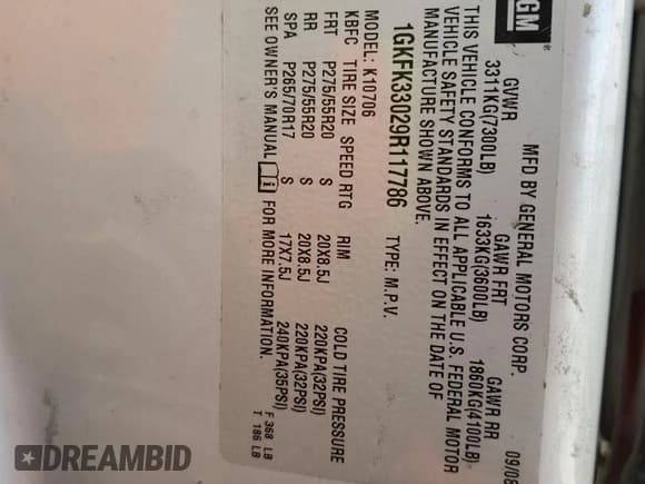 ✅ 2009 GMC Yukon SLT 4SA • VIN: 1GKFK33029R117786 • Lot: 54067535. Listed on Copart with Not provided. Free auction sales archive from the USA and detailed vehicle history report at DreamBid. Image 12.