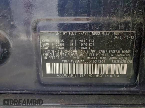 ✅ 2013 Subaru Legacy 2.5i • VIN: 4S3BMAA65D1021304 • Lot: 95543175. Listed on Copart with 199,349 mi. Free auction sales archive from the USA and detailed vehicle history report at DreamBid. Image 12.