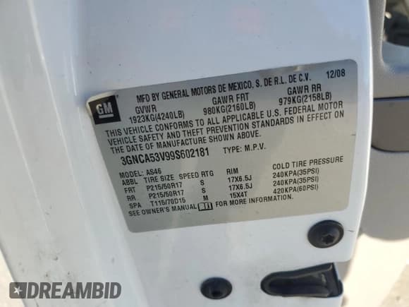 ✅ 2009 Chevrolet HHR 2LT • VIN: 3GNCA53V99S602181 • Lot: 75752204. Listed on Copart with 140,323 mi. Free auction sales archive from the USA and detailed vehicle history report at DreamBid. Image 12.