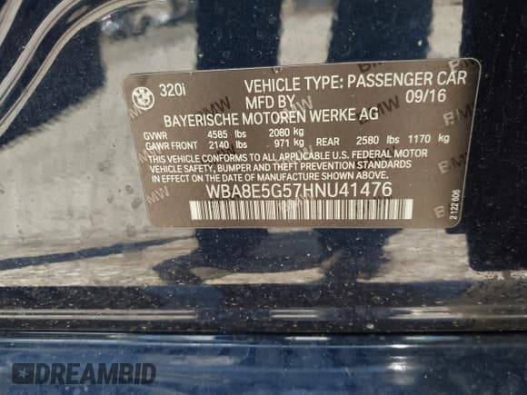 ✅ 2017 BMW 3 Series 320i xDrive • VIN: WBA8E5G57HNU41476 • Lot: 42548775. Listed on IAAI with 189,530 mi. Free auction sales archive from the USA and detailed vehicle history report at DreamBid. Image 9.