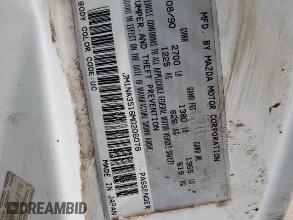 ✅ 1991 Mazda MX-5 Miata Special Edition • VIN: JM1NA3518M0206078 • Lot: 79092644. Wystawiony na Copart z przebiegiem 124 695 mil. Bezpłatny archiwum sprzedaży aukcyjnych z USA i szczegółowy raport historii pojazdu na DreamBid. Zdjęcie 14.