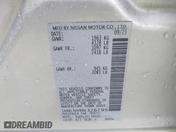 ✅ 2024 Nissan Altima SV • VIN: 1N4BL4DV9RN326799 • Lot: 43908263. Listed on IAAI with 41,543 mi. Free auction sales archive from the USA and detailed vehicle history report at DreamBid. Image 9.