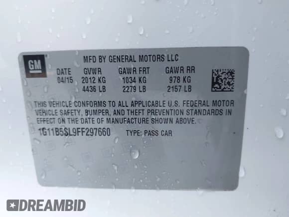 2015 Chevrolet Malibu LS z VIN 1G11B5SL9FF297660, wystawiony jako IAAI lot #43468619 z przebiegiem 241 193 mil mil oraz . Historia ofert i sprzedaży dostępna na DreamBid. Obrazek 9.