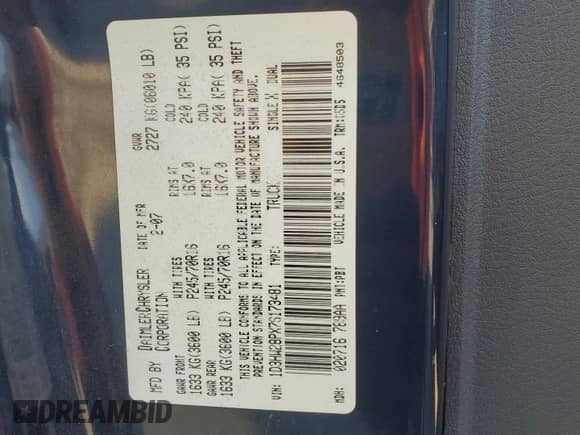 2007 Dodge Dakota ST z VIN 1D3HW28PX7S173481, wystawiony jako Copart lot #68282905 z przebiegiem 132 845 mil mil oraz Szkoda całkowita • Salvage title. Historia ofert i sprzedaży dostępna na DreamBid. Obrazek 12.