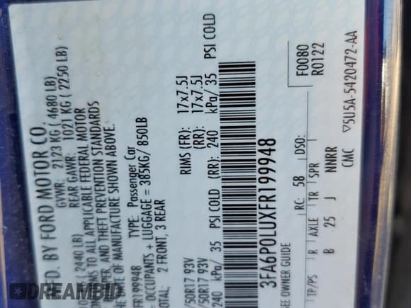 ✅ 2015 Ford Fusion SE Hybrid • VIN: 3FA6P0LUXFR199948 • Лот: 82626065. Опубликован ранее на Copart с пробегом 161 171 миль. Бесплатный доступ к архиву аукционных продаж из США и подробный отчёт об истории автомобиля на DreamBid. Изображение 12.