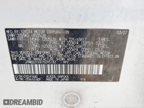 ✅ 2007 Toyota RAV4 Limited • VIN: JTMBD31V475095183 • Lot: 42453961. Listed on IAAI with 210,886 mi. Free auction sales archive from the USA and detailed vehicle history report at DreamBid. Image 9.