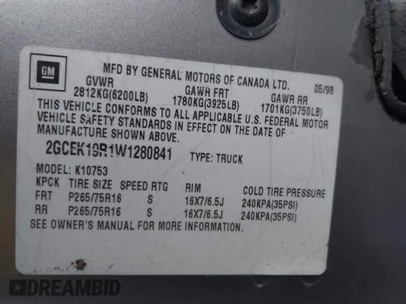 ✅ 1998 Chevrolet Silverado 1500 • VIN: 2GCEK19R1W1280841 • Lot: 43711981. Listed on IAAI with 257,693 mi. Free auction sales archive from the USA and detailed vehicle history report at DreamBid. Image 9.
