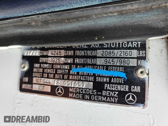 ✅ 1979 Mercedes-Benz SL • VIN: 10704412051659 • Лот: 76422164. Опубликован ранее на Copart с пробегом 106 278 миль. Бесплатный доступ к архиву аукционных продаж из США и подробный отчёт об истории автомобиля на DreamBid. Изображение 10.