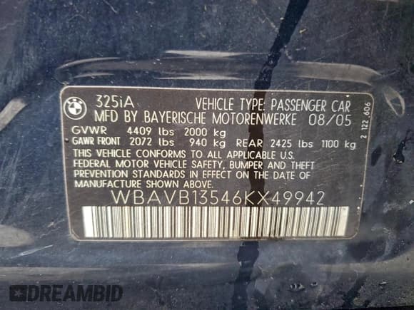 ✅ 2006 BMW 3 Series 325i • VIN: WBAVB13546KX49942 • Lot: 95323925. Listed on Copart with 133,012 mi. Free auction sales archive from the USA and detailed vehicle history report at DreamBid. Image 12.