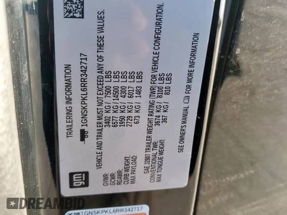 2024 Chevrolet Tahoe Z71 с VIN 1GNSKPKL6RR342717, выставлен на аукционе Copart как лот 56113605 с пробегом 9 599 миль миль и Списание • Salvage title. История ставок и продаж доступна на DreamBid. Изображение 14.