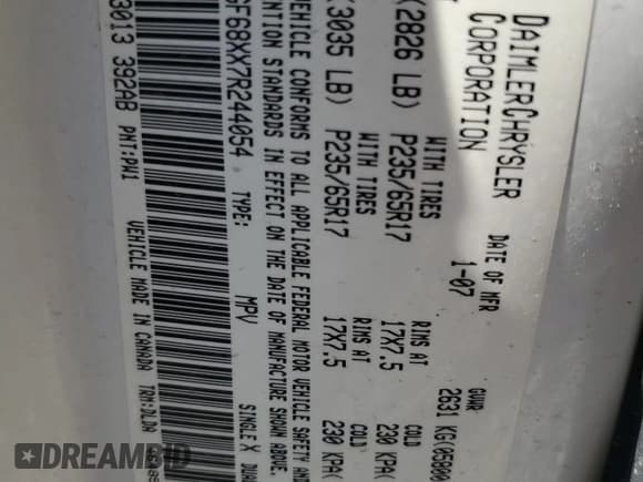 ✅ 2007 Chrysler Pacifica Touring • VIN: 2A8GF68XX7R244054 • Lot: 93741075. Listed on Copart with 130,976 mi. Free auction sales archive from the USA and detailed vehicle history report at DreamBid. Image 13.