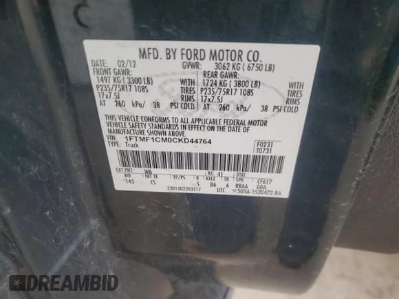 ✅ 2012 Ford F-150 XL • VIN: 1FTMF1CM0CKD44764 • Lot: 50842165. Listed on Copart with 205,385 mi. Free auction sales archive from the USA and detailed vehicle history report at DreamBid. Image 12.