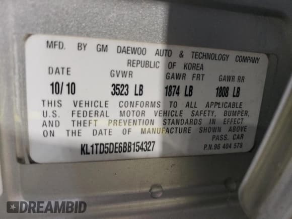 ✅ 2011 Chevrolet Aveo 1LT • VIN: KL1TD5DE6BB154327 • Lot: 51313085. Wystawiony na Copart z przebiegiem 76 402 mil. Bezpłatny archiwum sprzedaży aukcyjnych z USA i szczegółowy raport historii pojazdu na DreamBid. Zdjęcie 12.