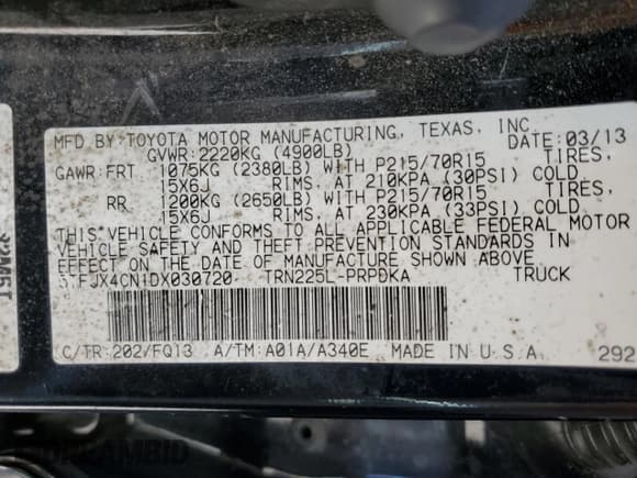 ✅ 2013 Toyota Tacoma • VIN: 5TFJX4CN1DX030720 • Lot: 60497035. Listed on Copart with 188,318 mi. Free auction sales archive from the USA and detailed vehicle history report at DreamBid. Image 12.