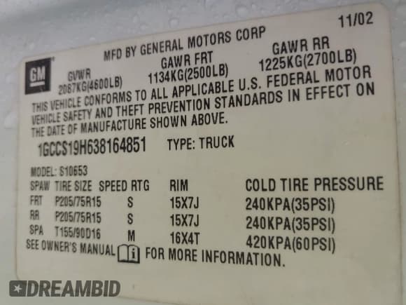 ✅ 2003 Chevrolet S-10 • VIN: 1GCCS19H638164851 • Лот: 42721946. Опубликован ранее на IAAI с пробегом 143 546 миль. Бесплатный доступ к архиву аукционных продаж из США и подробный отчёт об истории автомобиля на DreamBid. Изображение 9.