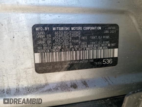 ✅ 2022 Mitsubishi Eclipse Cross SE • VIN: JA4ASWAA9NZ001766 • Лот: 41745525. Опубликован ранее на Copart с пробегом 74 377 миль. Бесплатный доступ к архиву аукционных продаж из США и подробный отчёт об истории автомобиля на DreamBid. Изображение 13.